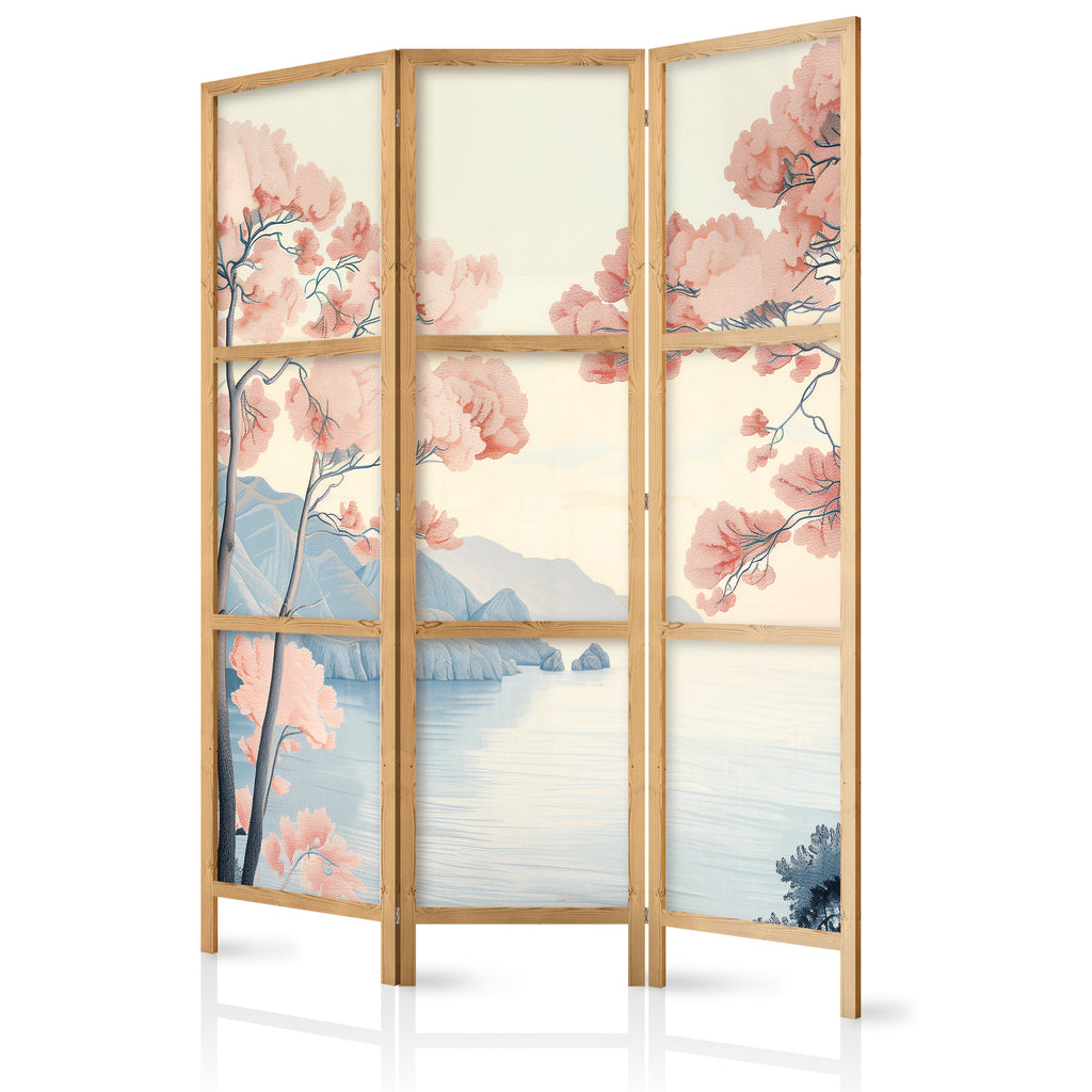 Japanese Room Divider Landscape with Ocean, Cliffs and Trees in Pink Shades