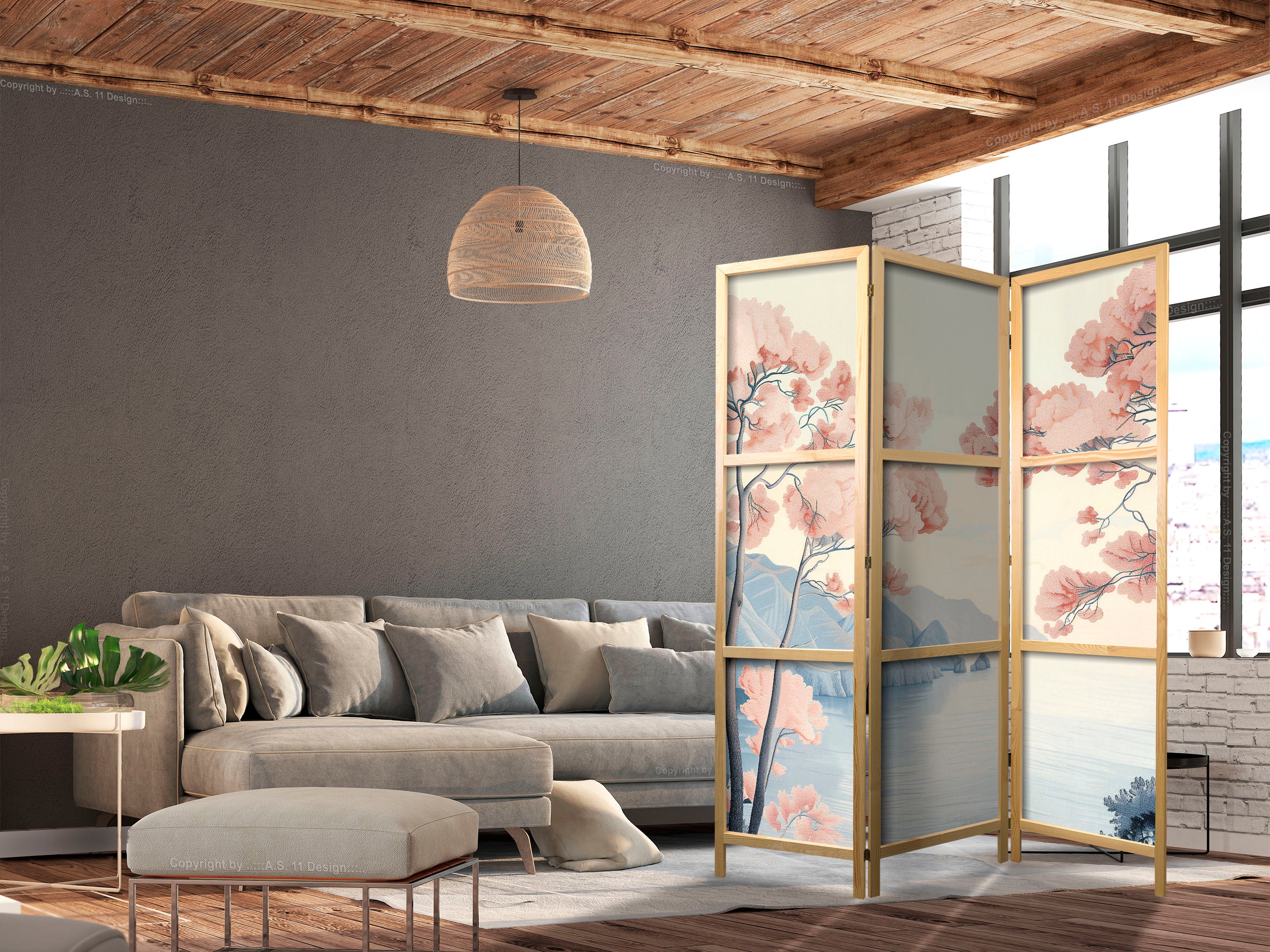 Japanese Room Divider Landscape with Ocean, Cliffs and Trees in Pink Shades