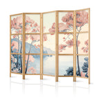 Japanese Room Divider - Landscape with Ocean and Pink Trees