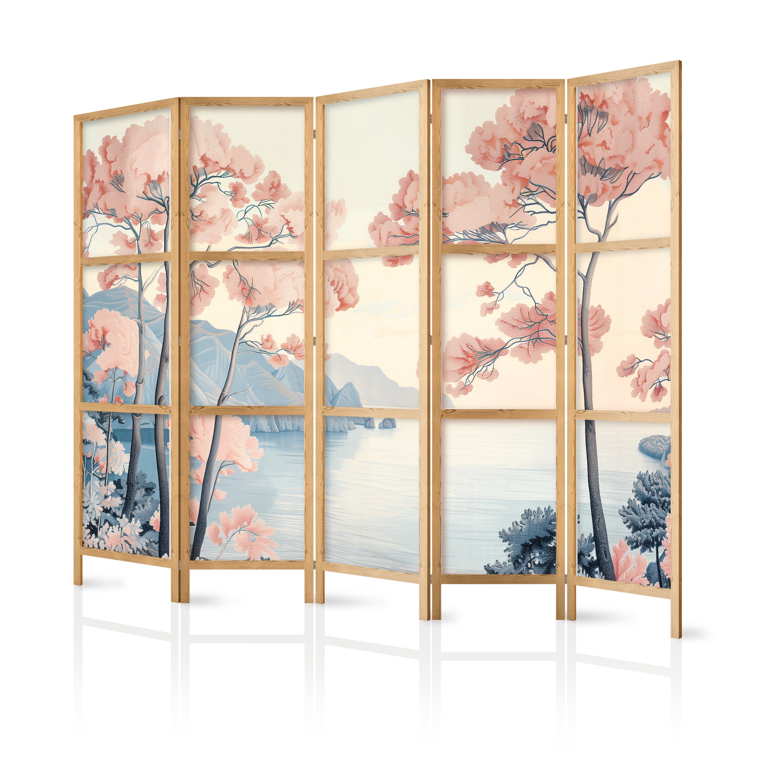 Japanese Room Divider - Landscape with Ocean and Pink Trees