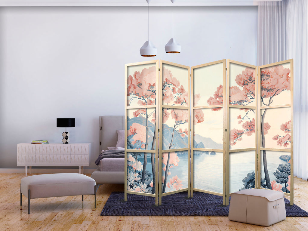 Japanese Room Divider - Landscape with Ocean and Pink Trees