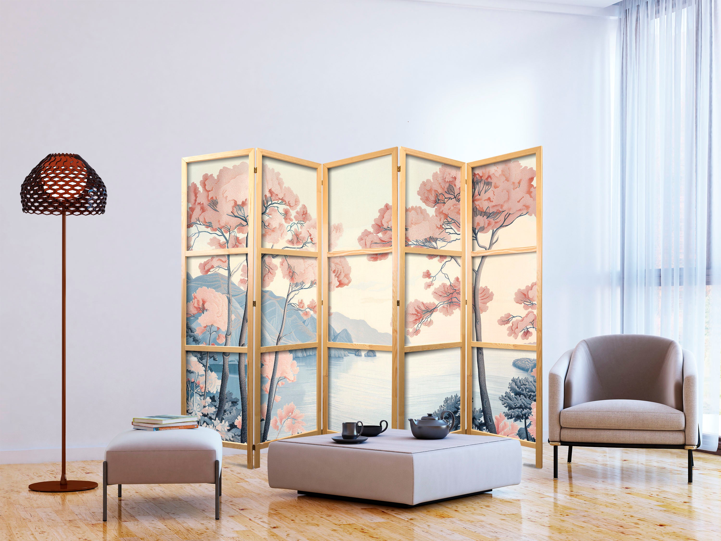Japanese Room Divider - Landscape with Ocean and Pink Trees