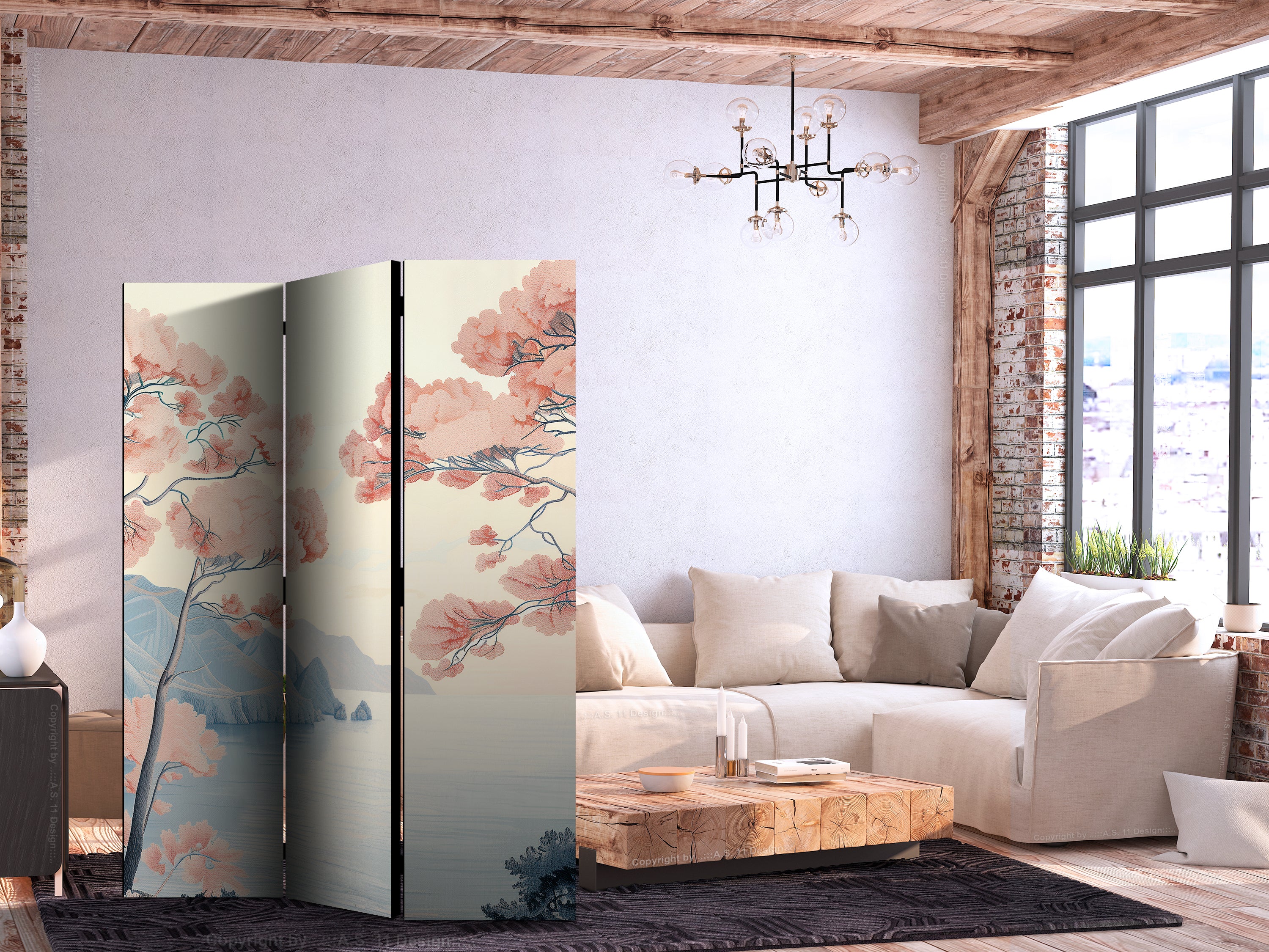 Room Divider Landscape Ocean with Cliffs and Pink Trees