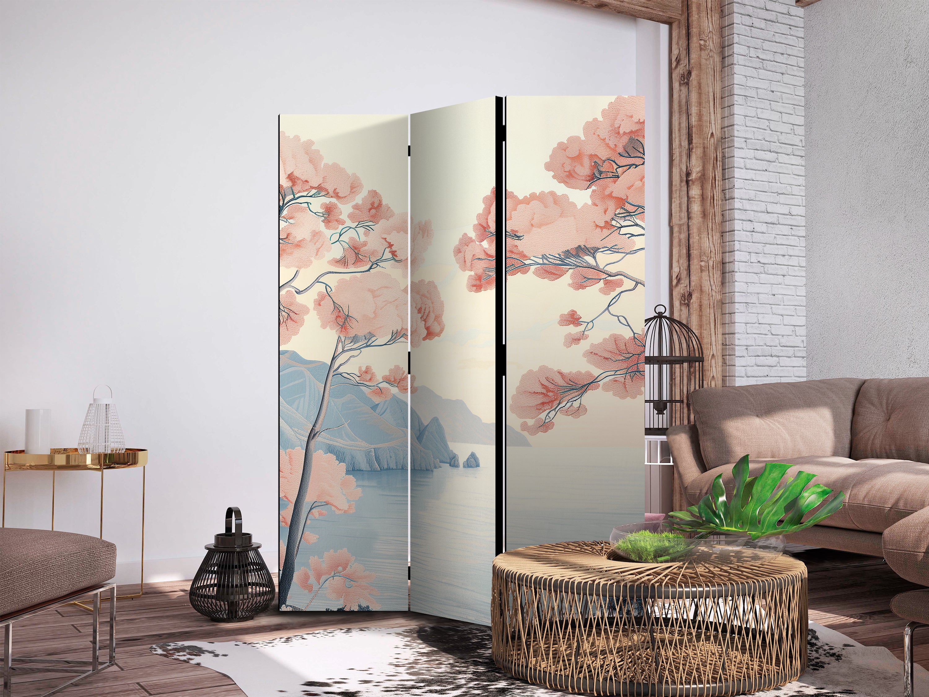 Room Divider Landscape Ocean with Cliffs and Pink Trees