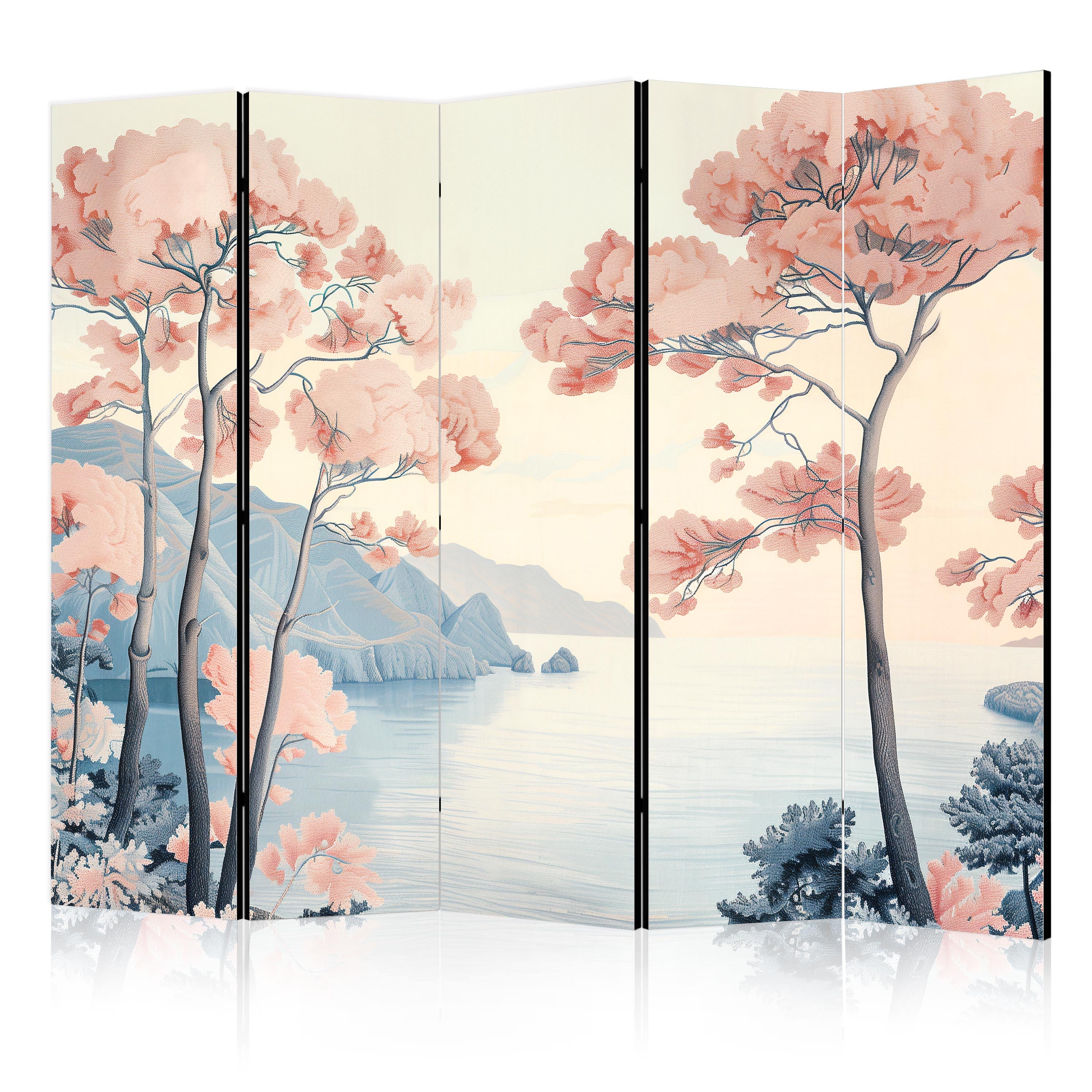 Room Divider: Landscape with Ocean, Cliffs and Pink Trees