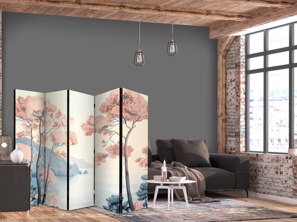 Room Divider: Landscape with Ocean, Cliffs and Pink Trees