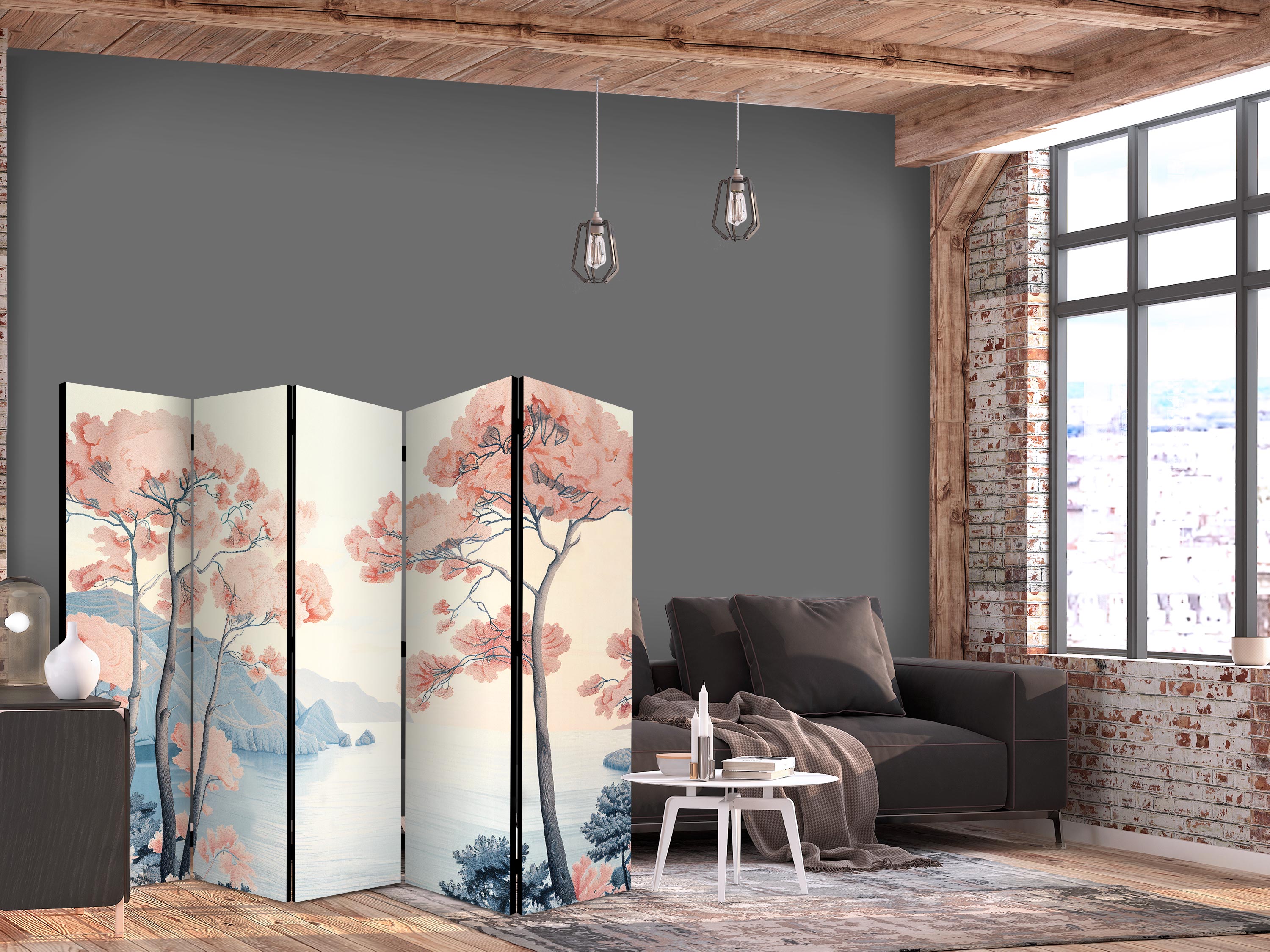 Room Divider: Landscape with Ocean, Cliffs and Pink Trees