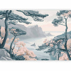 Wall Mural Mountainous Coast with Trees and Rocks in Light Pastel Blues