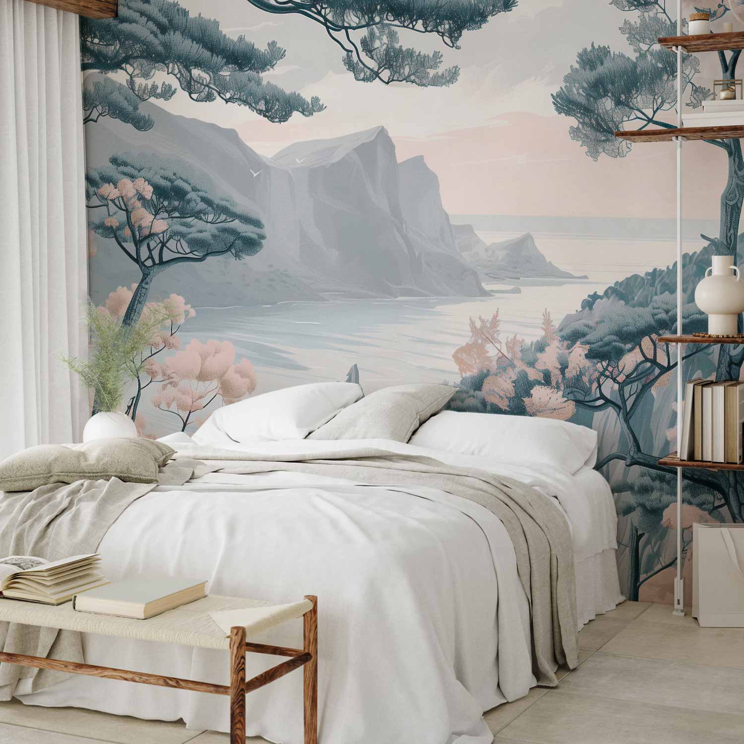 Pastel Mountain Coast Landscape Wall Mural