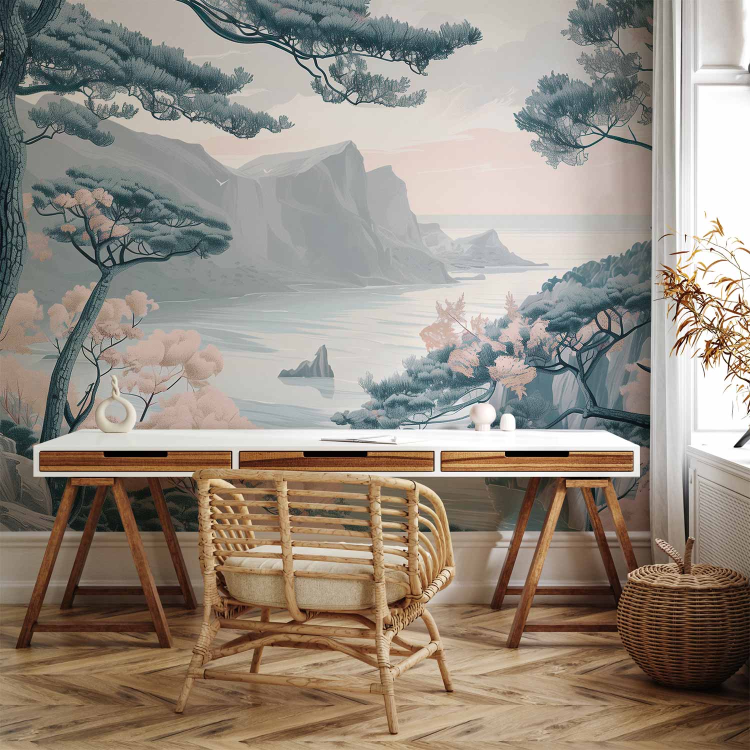 Pastel Mountain Coast Landscape Wall Mural