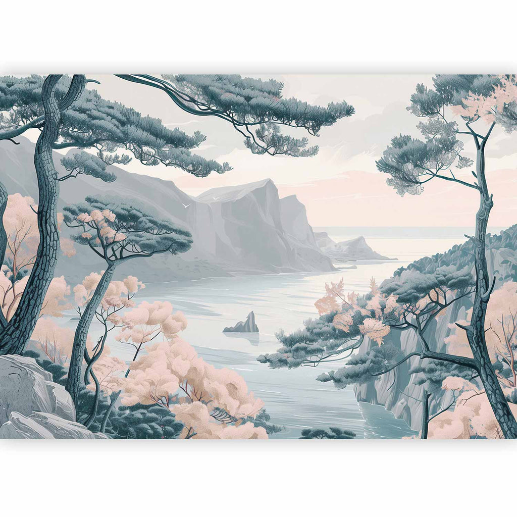 Wall Mural Mountainous Coast with Trees and Rocks in Light Pastel Blues