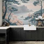 Wall Mural Mountainous Coast with Trees and Rocks in Light Pastel Blues