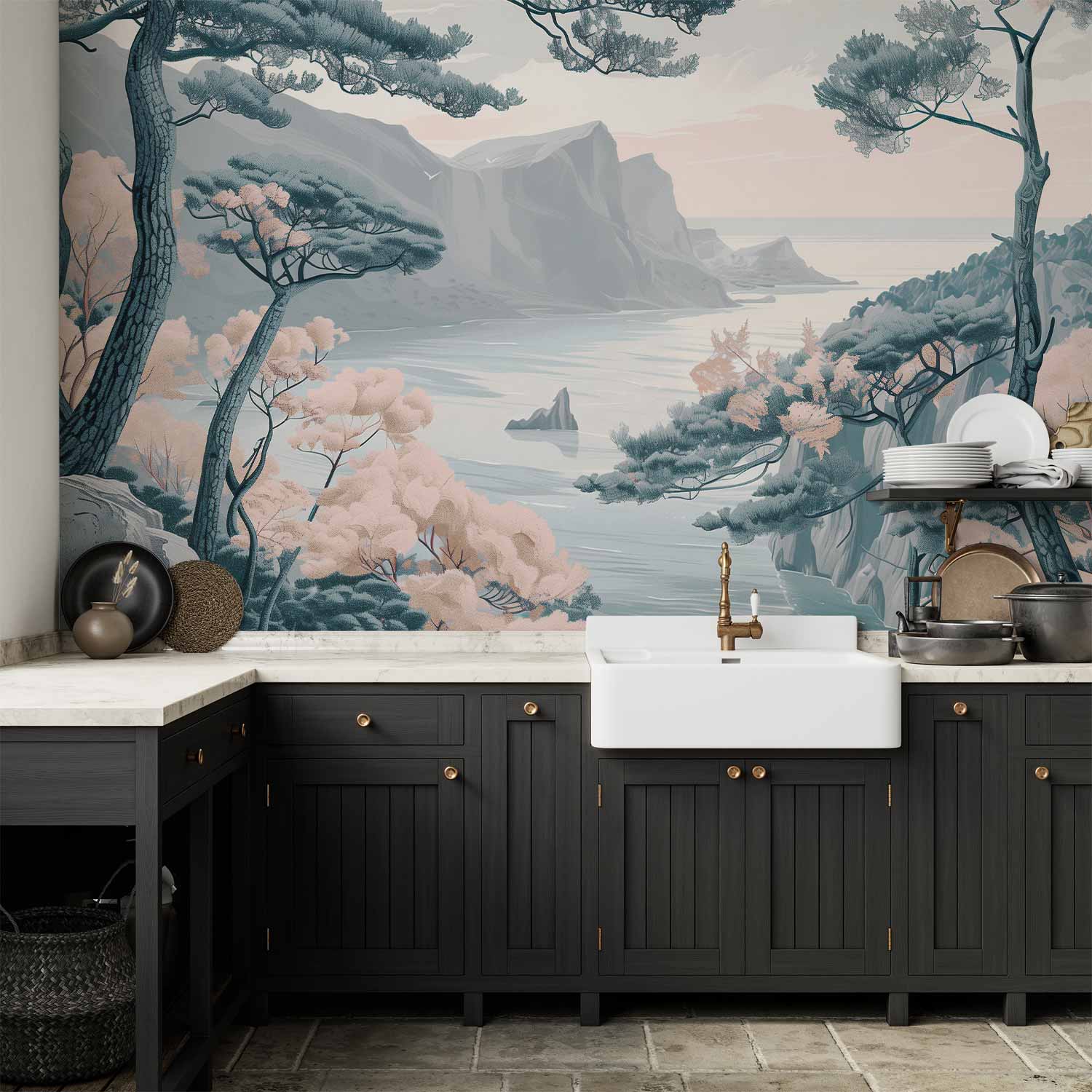 Wall Mural Mountainous Coast with Trees and Rocks in Light Pastel Blues