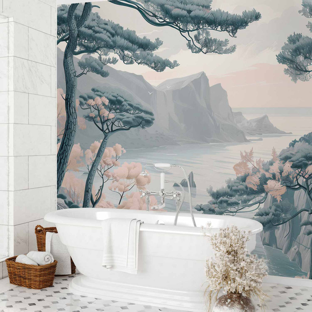 Pastel Mountain Coast Landscape Wall Mural