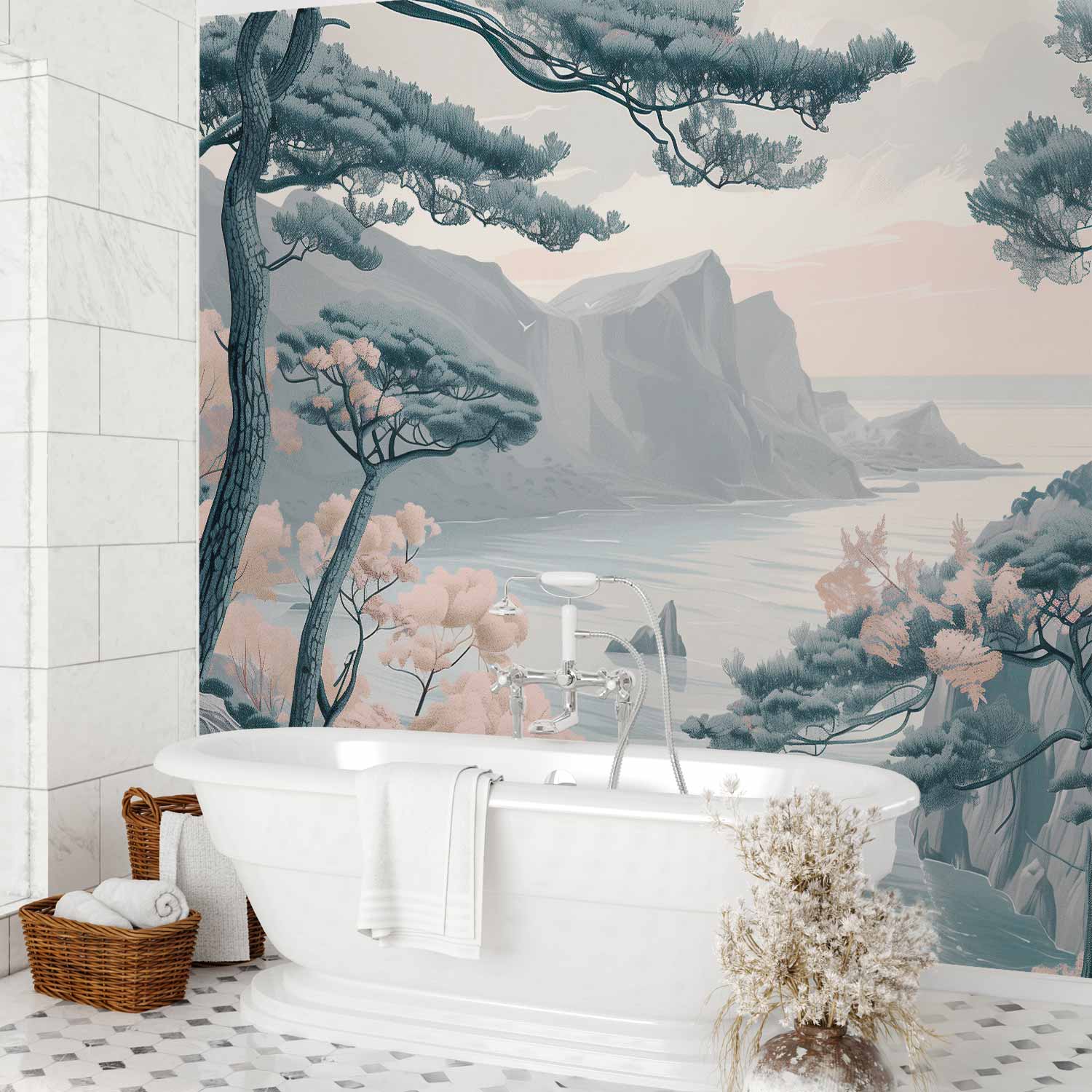 Pastel Mountain Coast Landscape Wall Mural