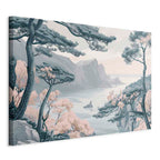 Canvas Print Mountainous Coast with Trees and Rocks in Light Pastel Blues