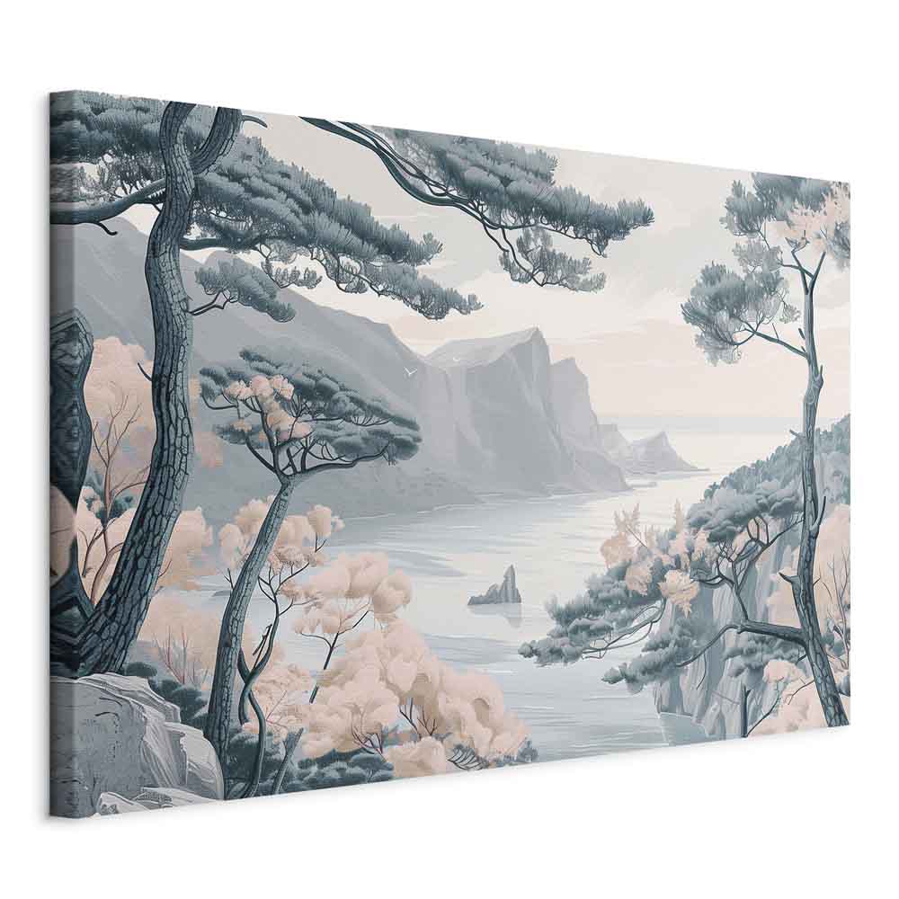 Canvas Print Mountainous Coast with Trees and Rocks in Light Pastel Blues