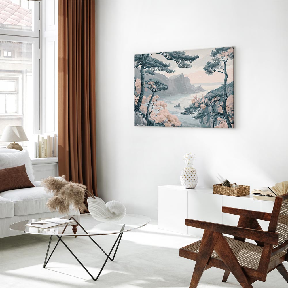 Canvas Print Mountainous Coast with Trees and Rocks in Light Pastel Blues