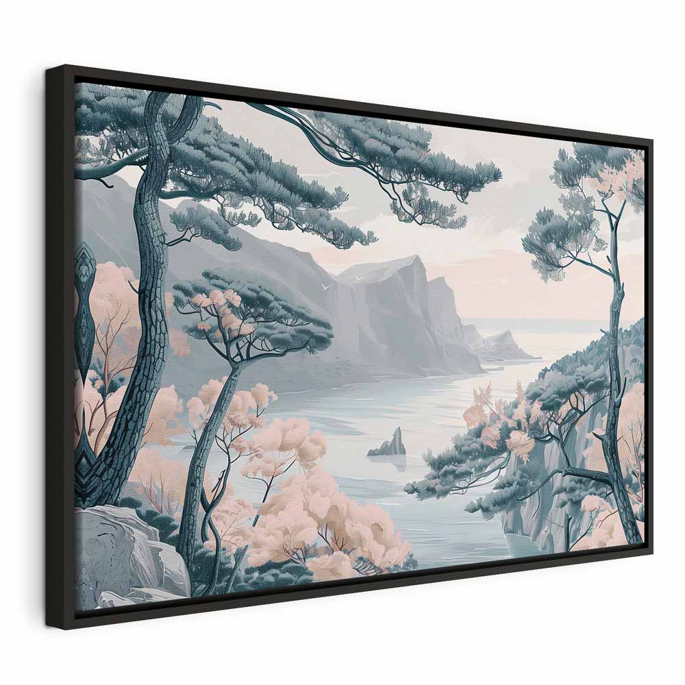 Canvas Print Mountainous Coast with Trees and Rocks in Light Pastel Blues
