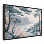 Canvas Print Mountainous Coast with Trees and Rocks in Light Pastel Blues