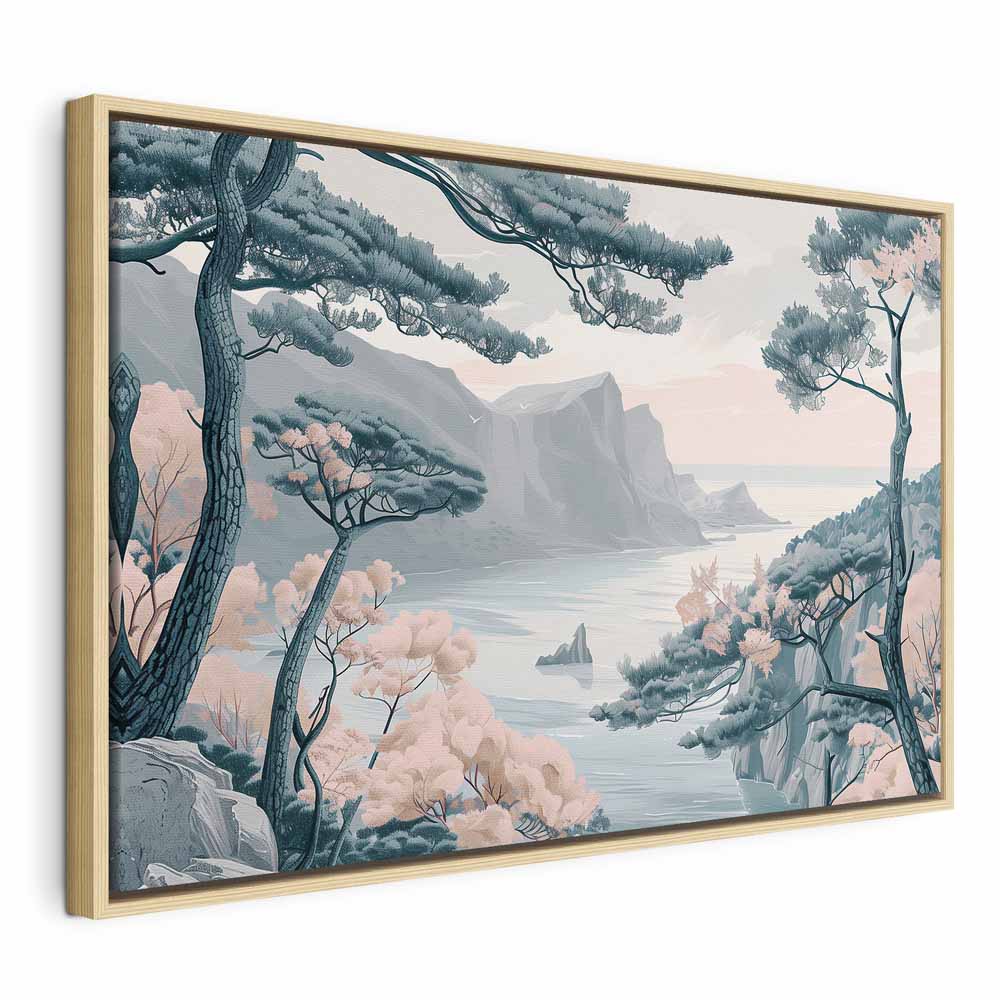 Canvas Print Mountainous Coast with Trees and Rocks in Light Pastel Blues