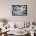 Canvas Print Mountainous Coast with Trees and Rocks in Light Pastel Blues