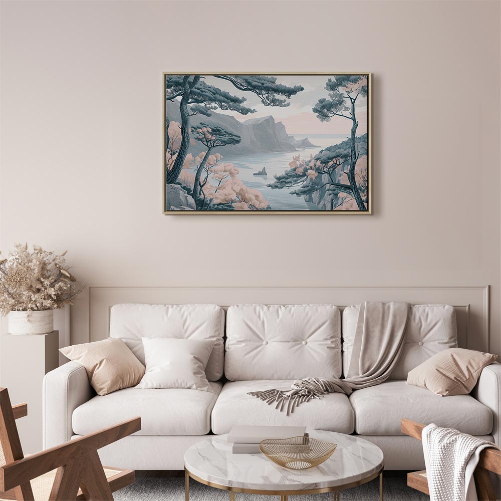 Canvas Print Mountainous Coast with Trees and Rocks in Light Pastel Blues