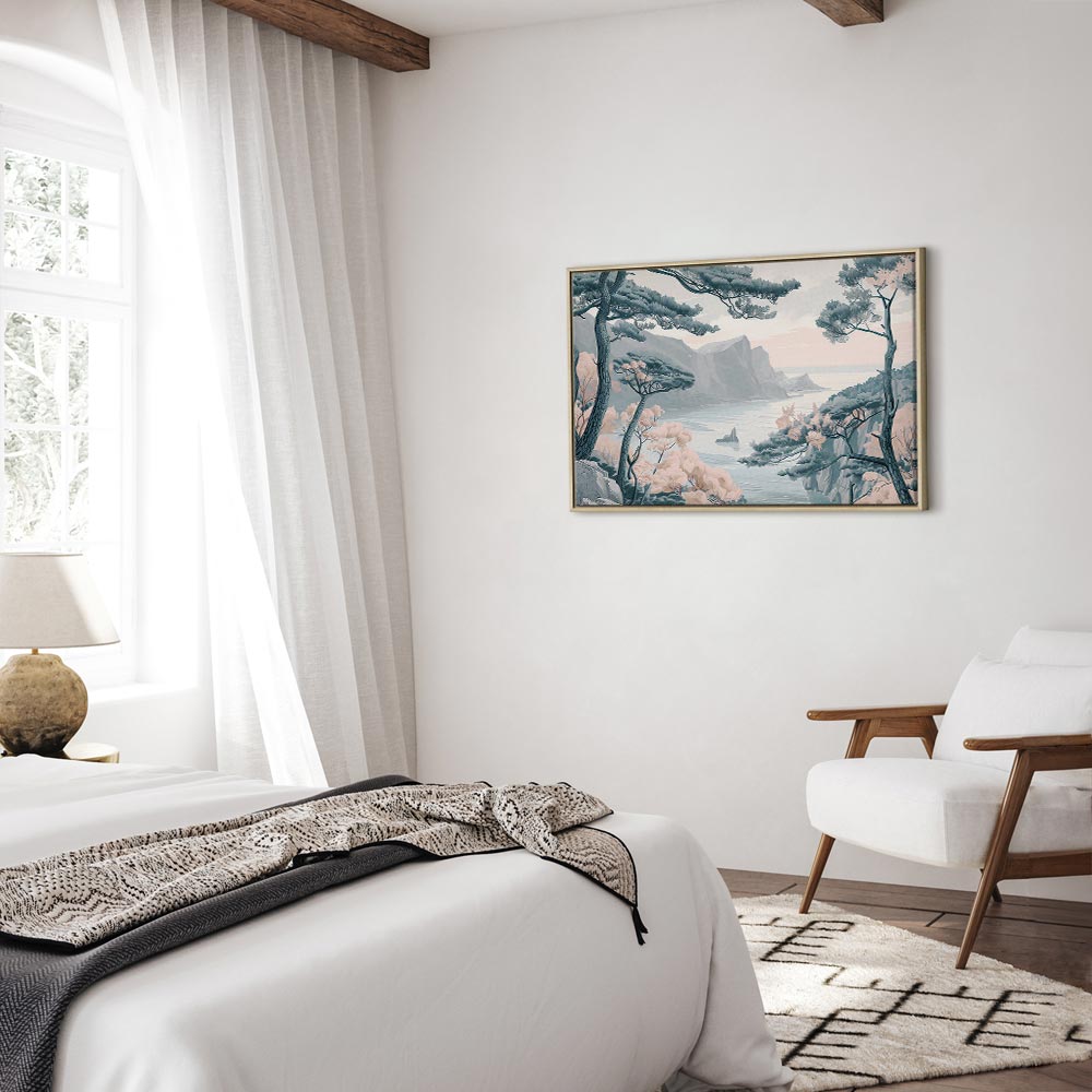 Canvas Print Mountainous Coast with Trees and Rocks in Light Pastel Blues