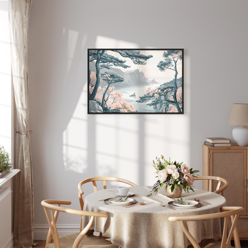 Canvas Print Mountainous Coast with Trees and Rocks in Light Pastel Blues