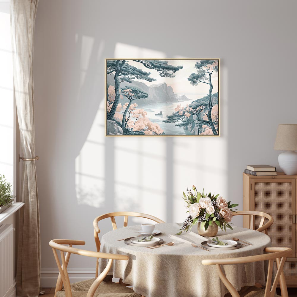 Canvas Print Mountainous Coast with Trees and Rocks in Light Pastel Blues