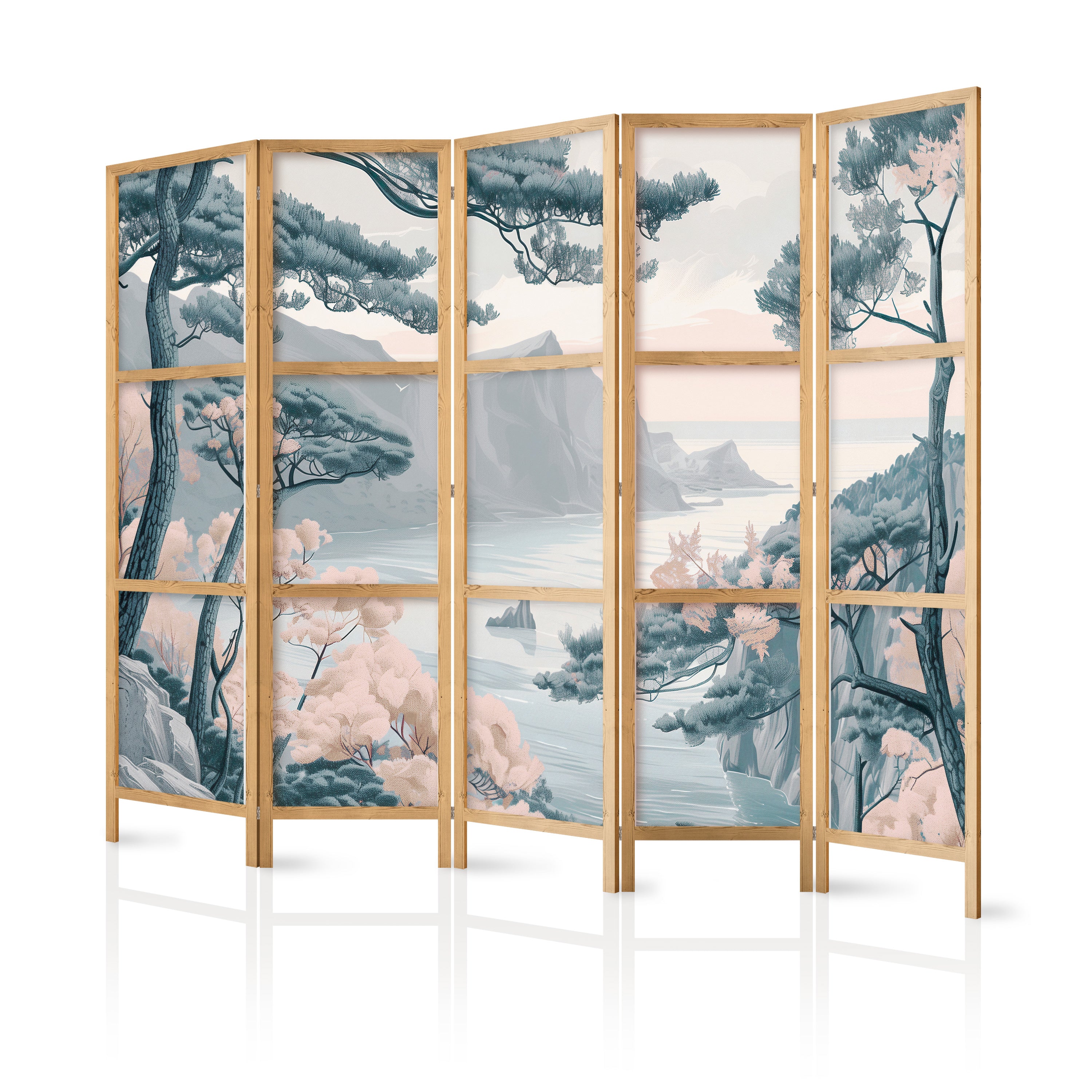 Japanese Room Divider: Mountainous Coastline in Light Pastel Blues