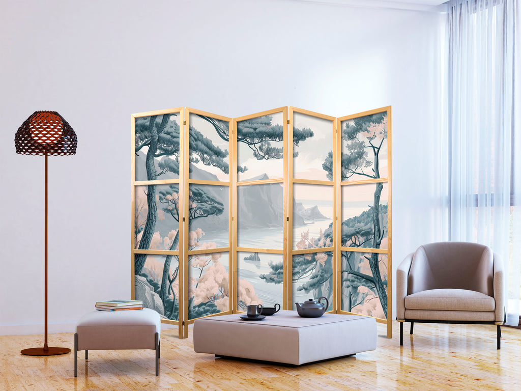 Japanese Room Divider: Mountainous Coastline in Light Pastel Blues