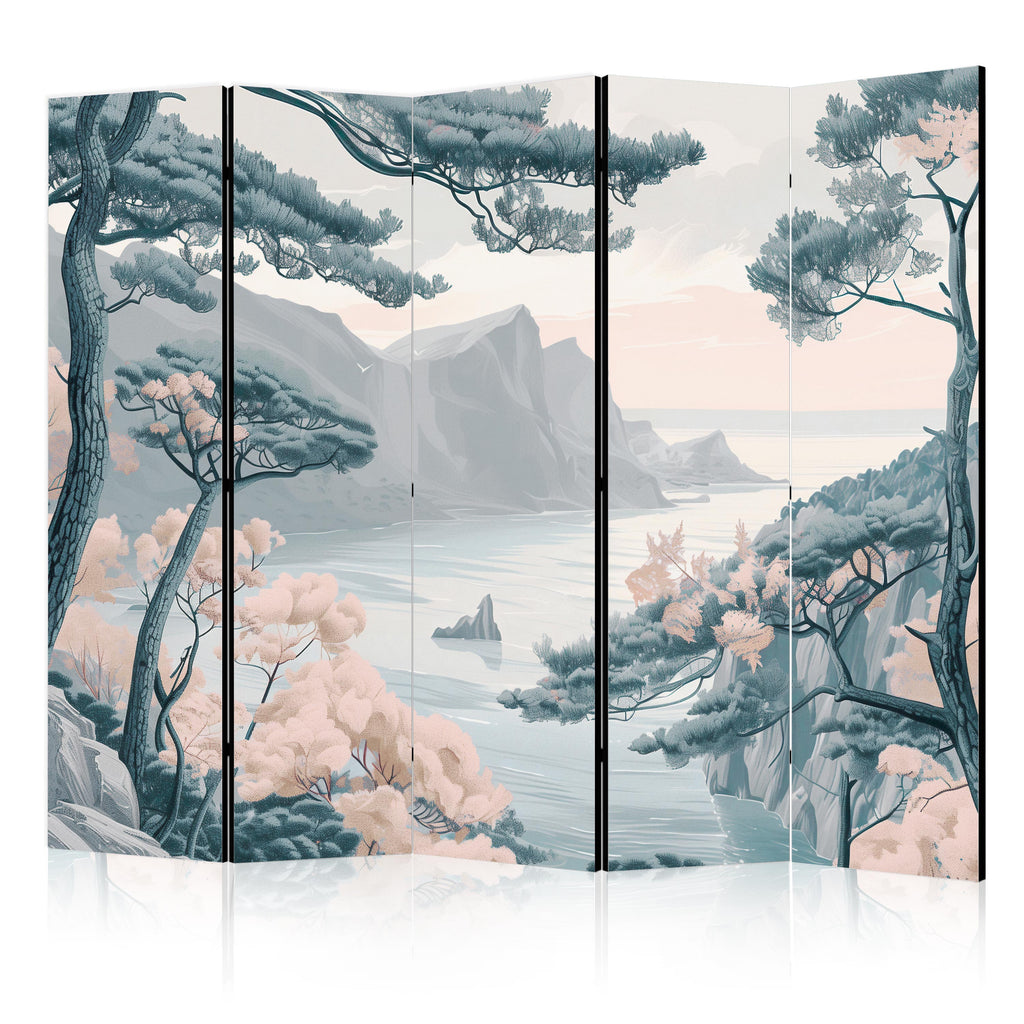 Room Divider - Mountainous Coast with Trees and Rocks in Light Pastel Blues