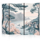 Room Divider - Mountainous Coast with Trees and Rocks in Light Pastel Blues