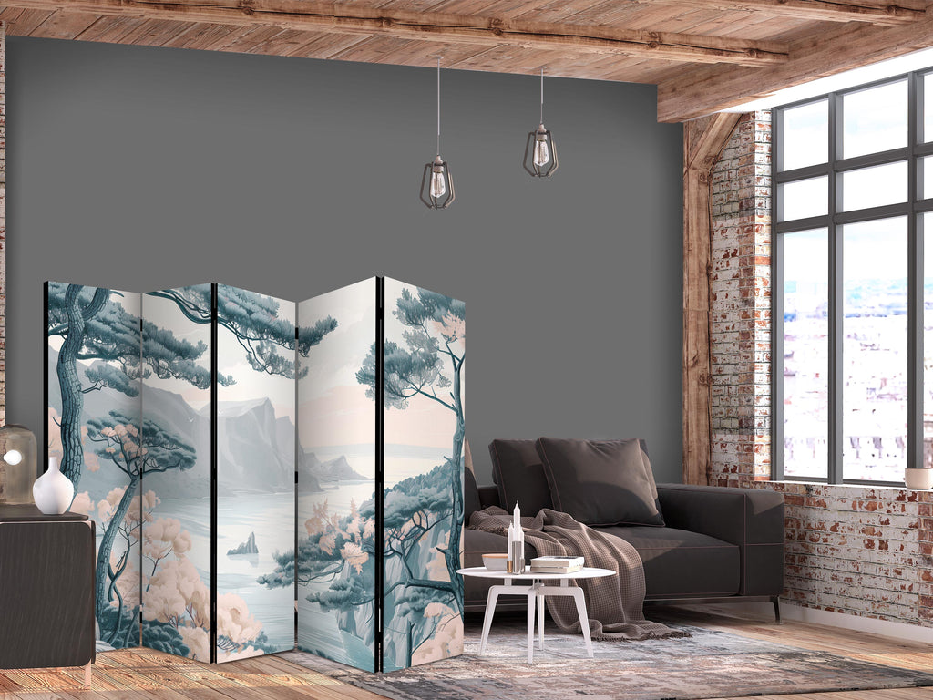 Room Divider - Mountainous Coast with Trees and Rocks in Light Pastel Blues