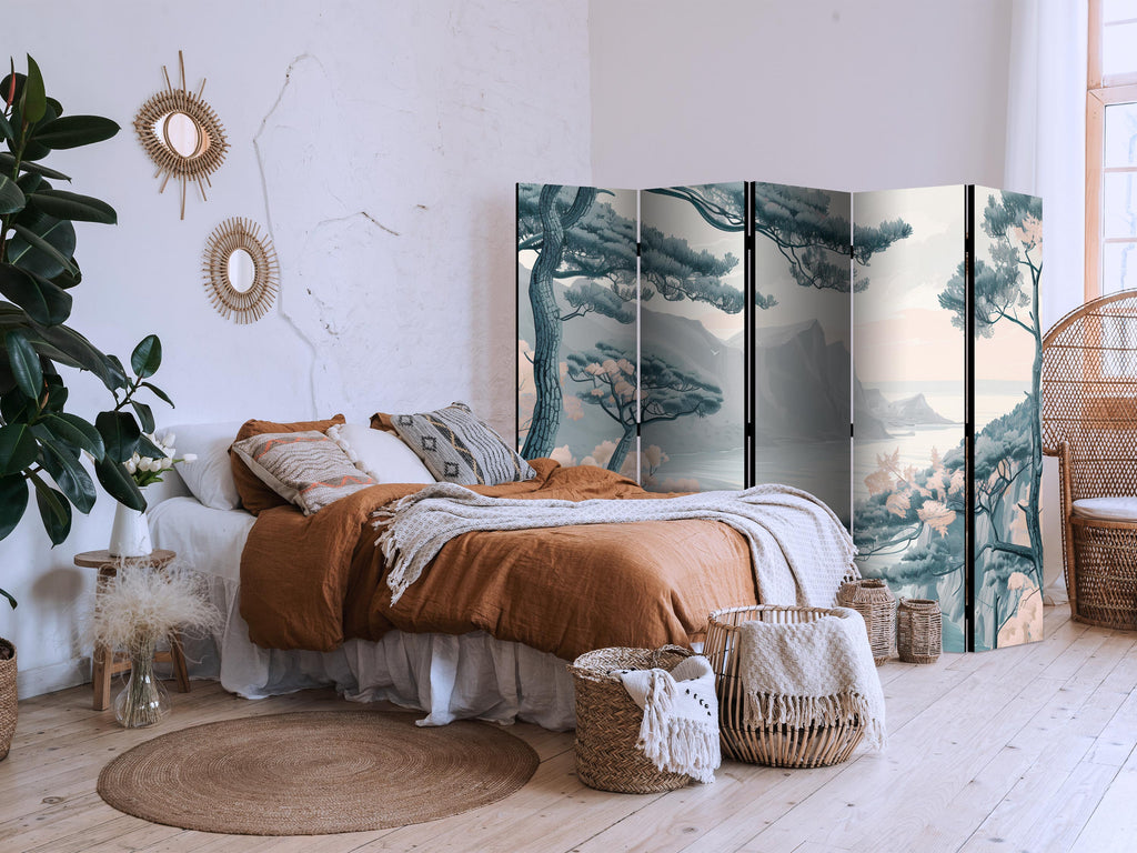 Room Divider - Mountainous Coast with Trees and Rocks in Light Pastel Blues