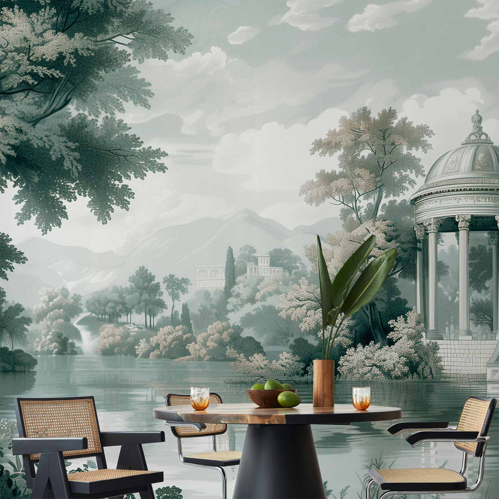 Wall Mural View of the Park and Lake Retro Vintage Landscape in Greens