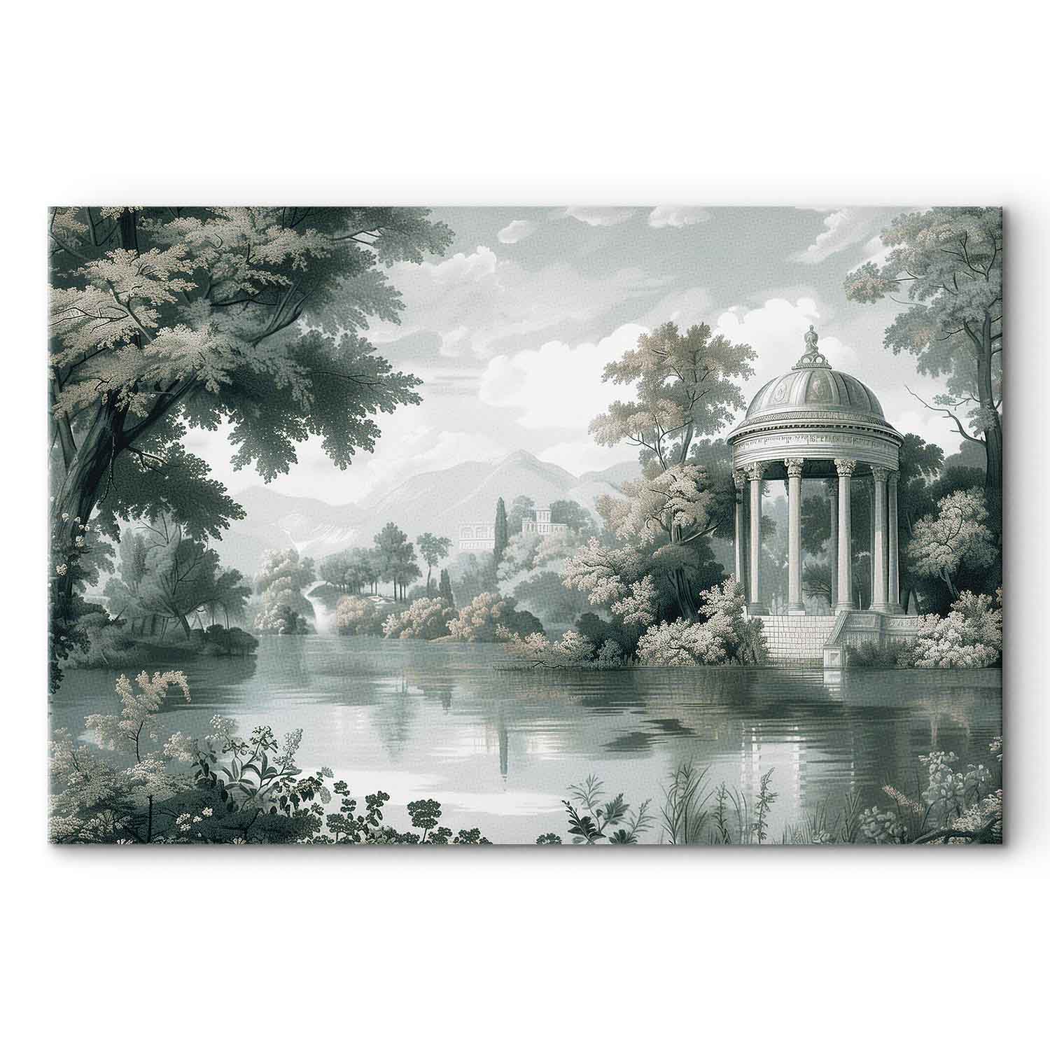 Retro Park and Lake Green Landscape Canvas Print