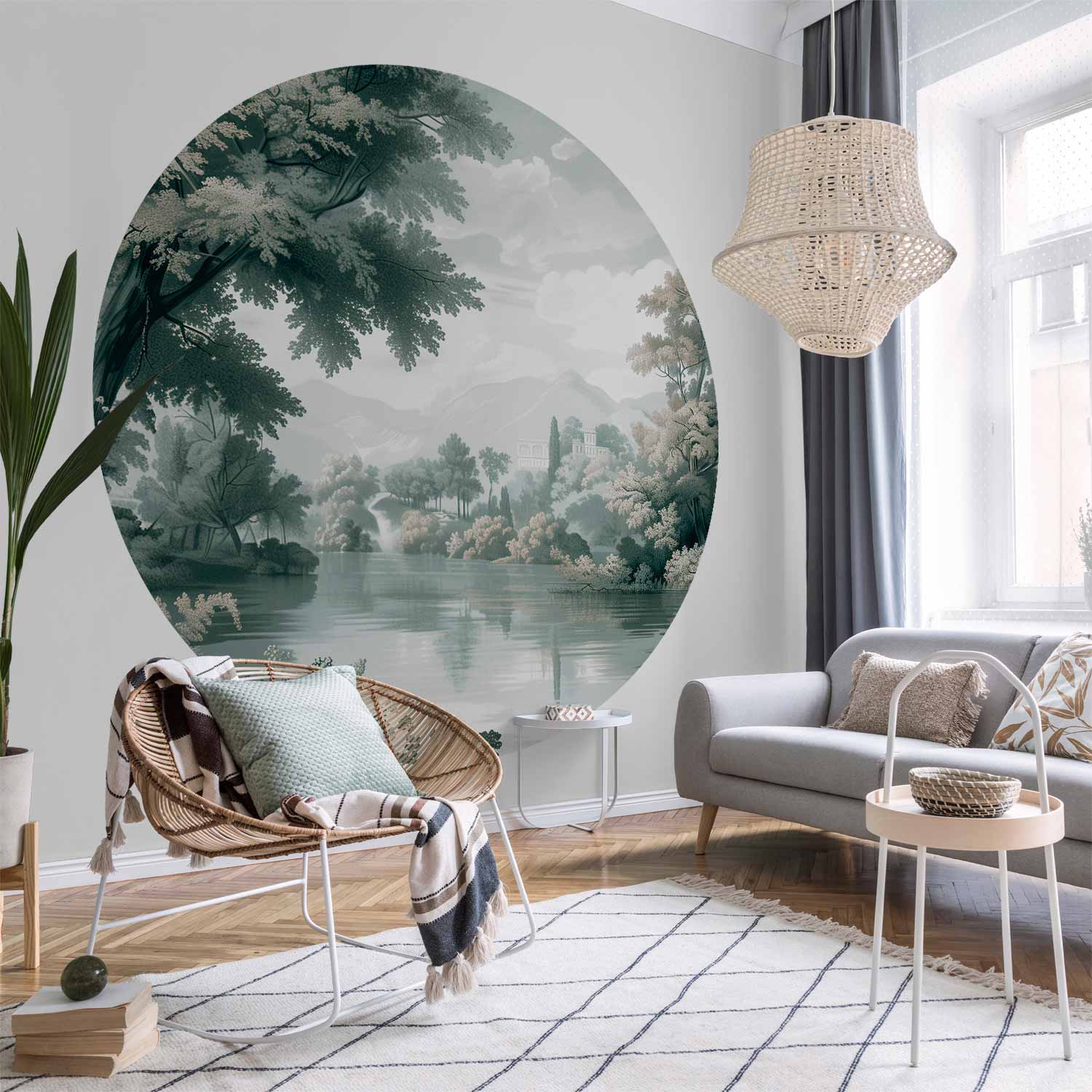 Retro Green Park Lake Landscape Round Wall Mural