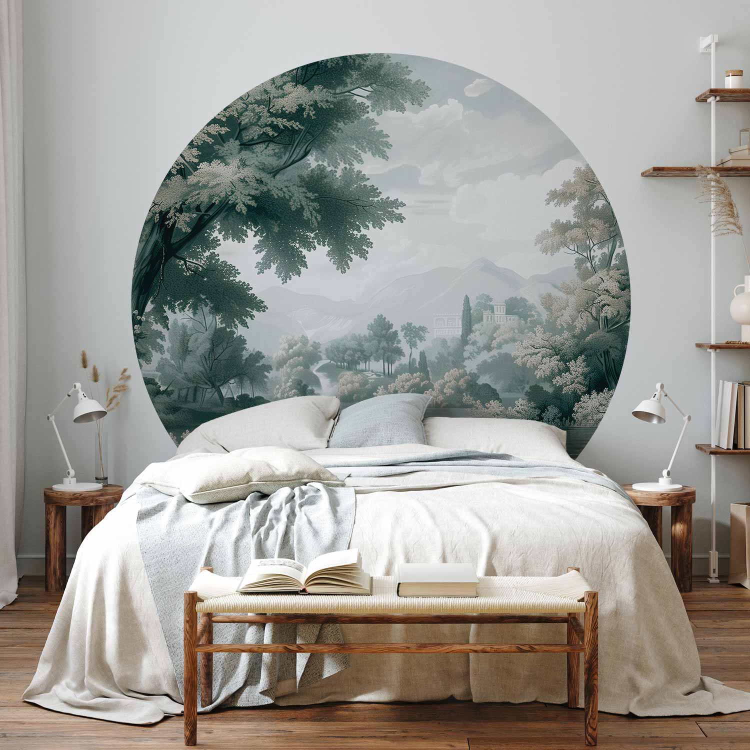 Retro Green Park Lake Landscape Round Wall Mural