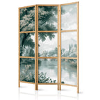 Japanese Room Divider - Park and Lake Landscape in Greens