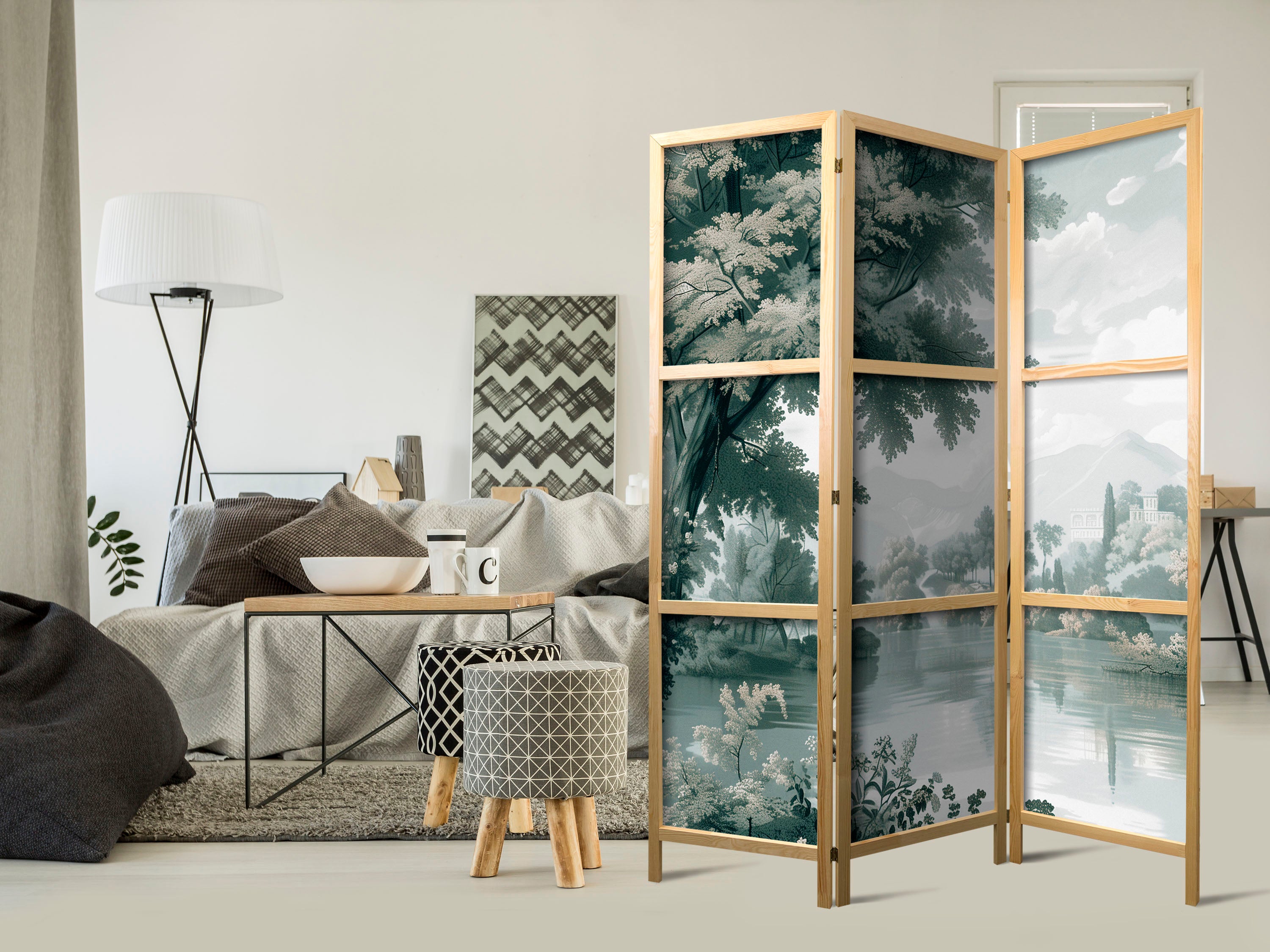 Japanese Room Divider - Park and Lake Landscape in Greens