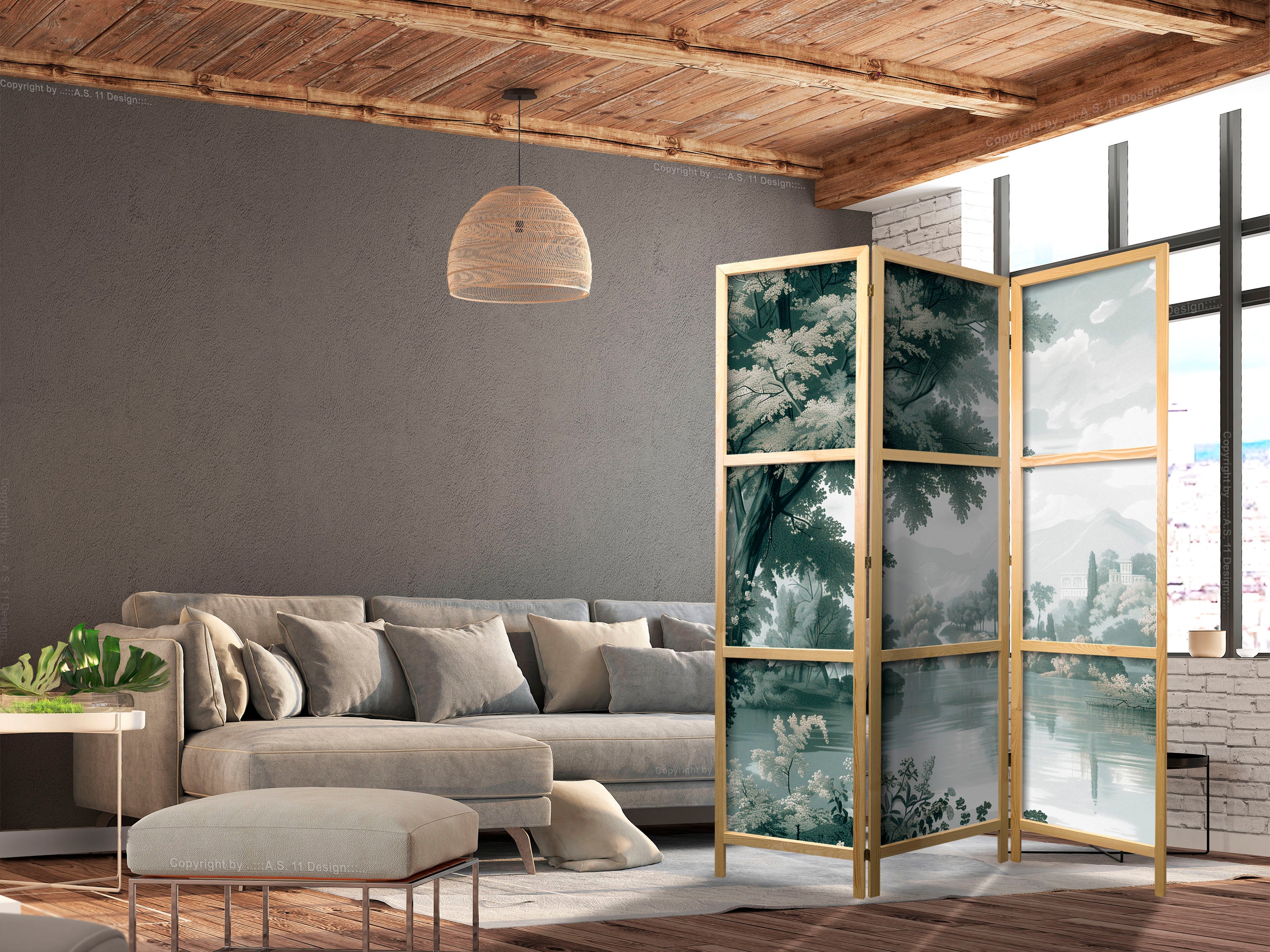 Japanese Room Divider - Park and Lake Landscape in Greens