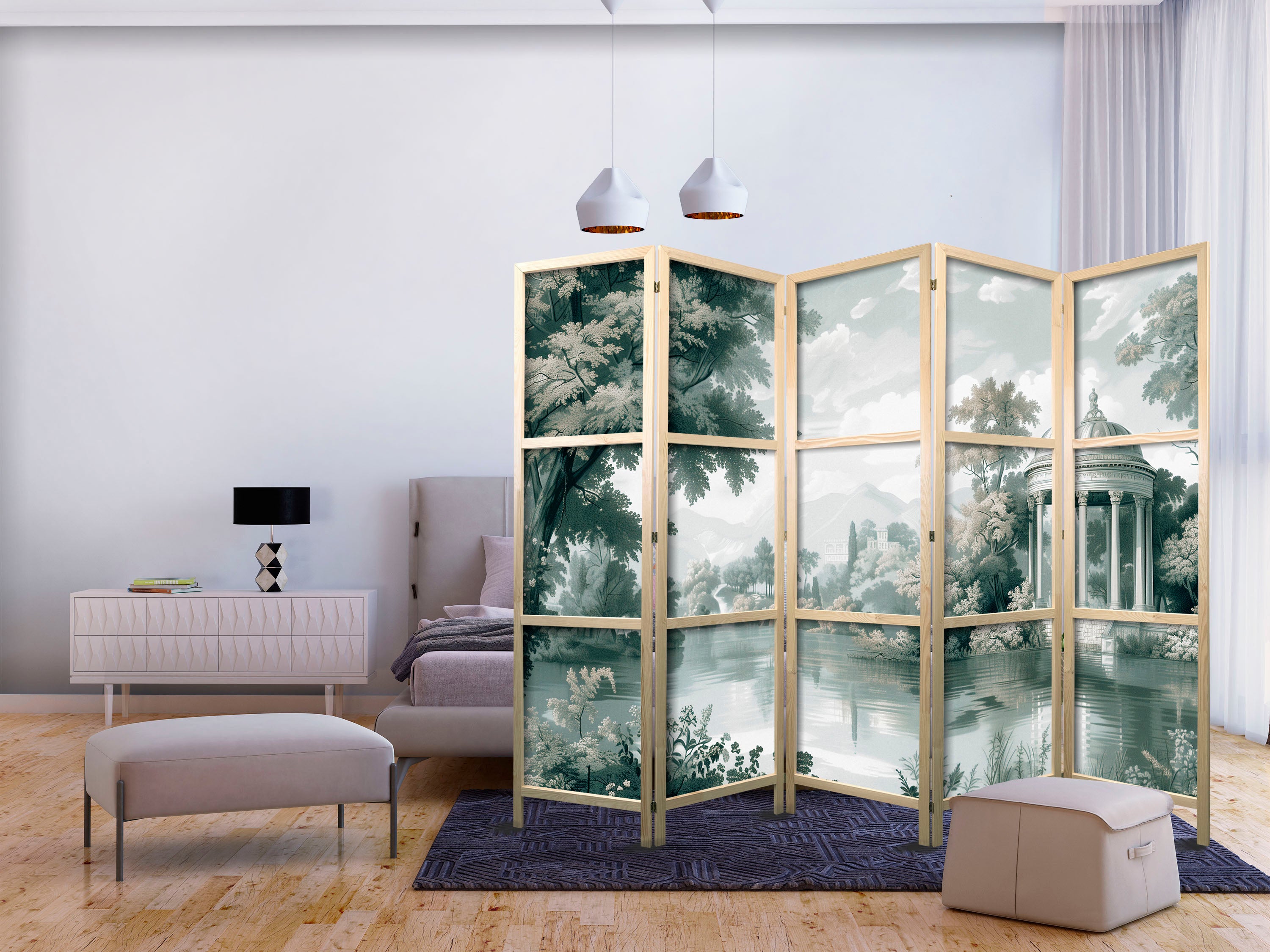Japanese Room Divider - 5-Panel Greens Landscape