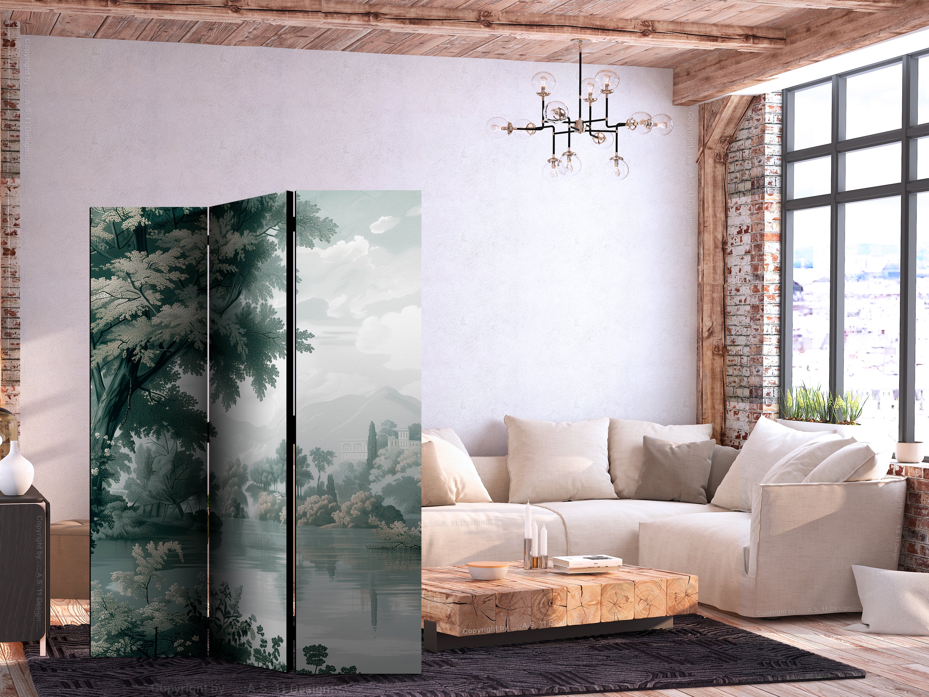 Room Divider - Retro Green Landscape - 3-Panel