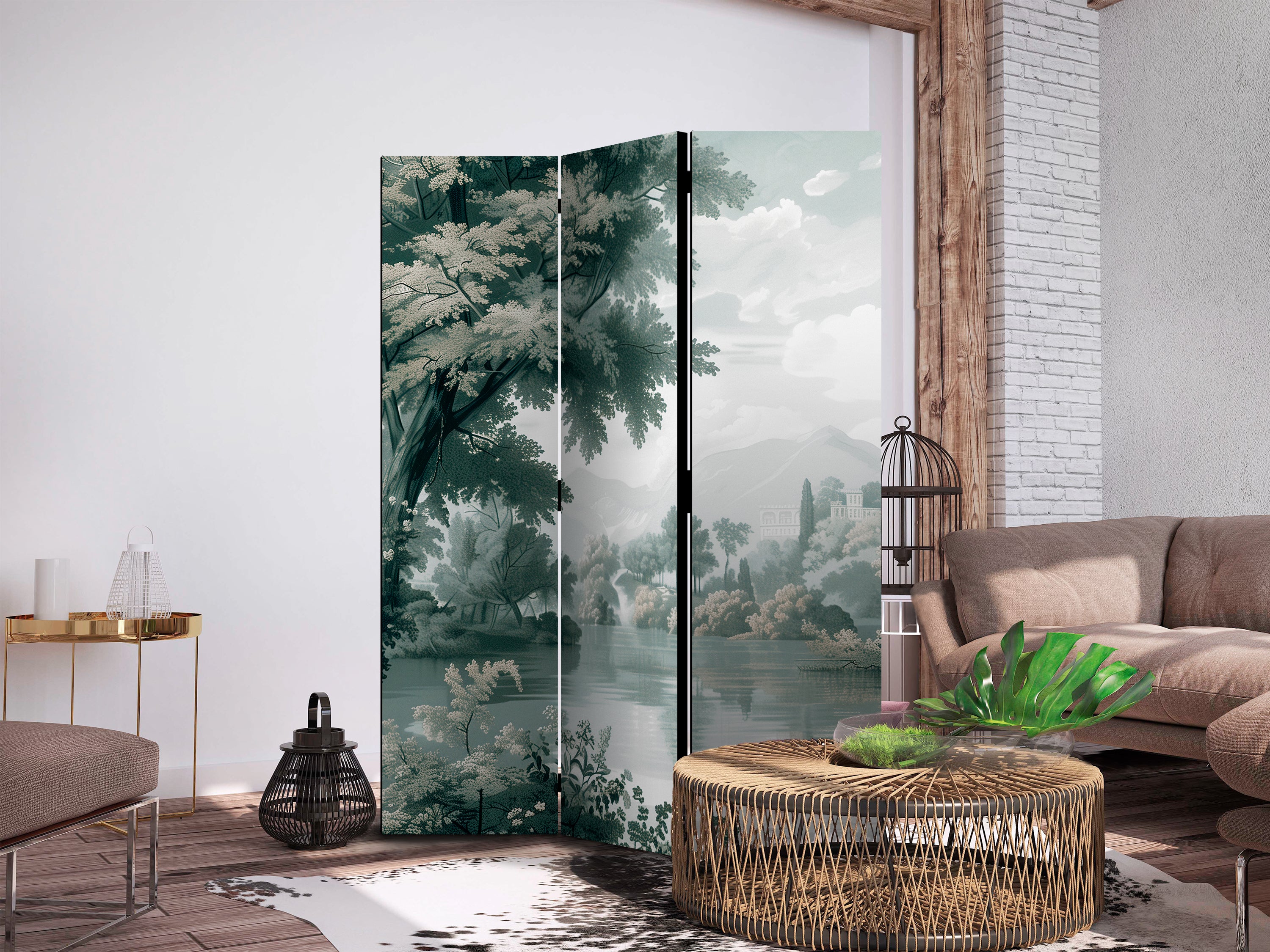 Room Divider - Retro Green Landscape - 3-Panel