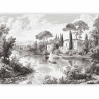 Wall Mural - Vintage Black and White Landscape with Pond and Boat