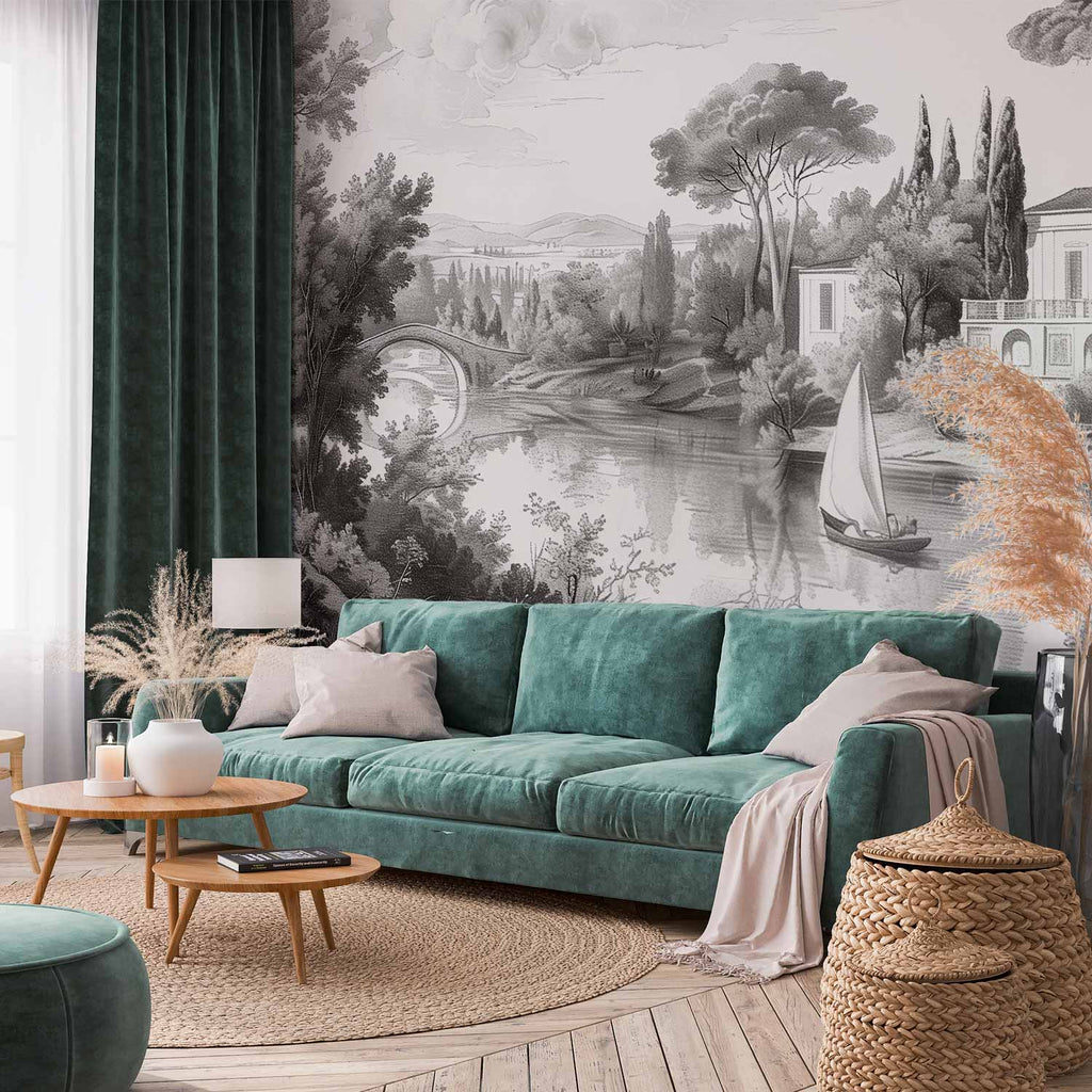 Wall Mural - Vintage Black and White Landscape with Pond and Boat