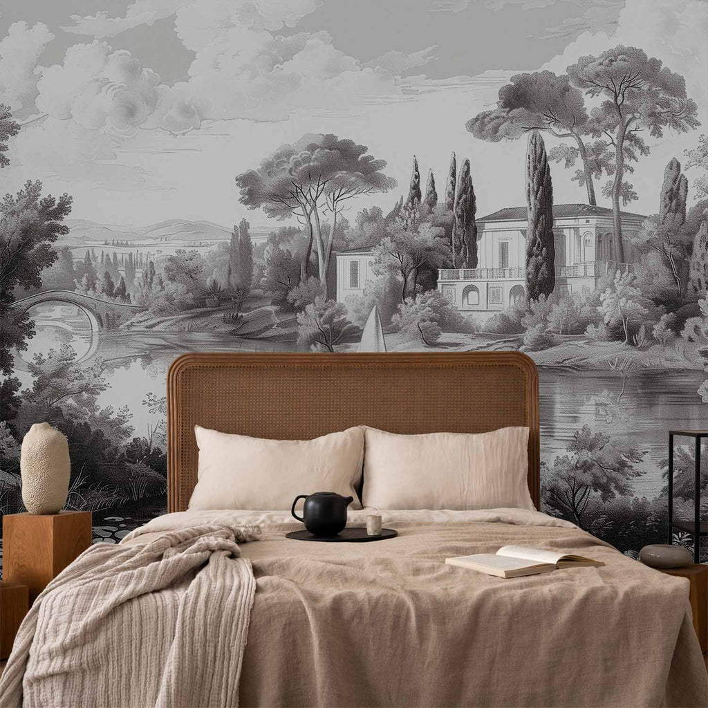 Black and White Vintage Pond Boat Landscape Wall Mural