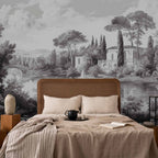 Black and White Vintage Pond Boat Landscape Wall Mural